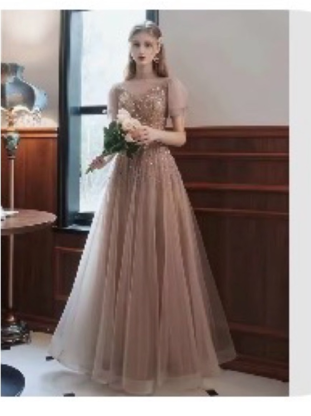 Romantic Taupe Beaded Tulle Maxi Dress